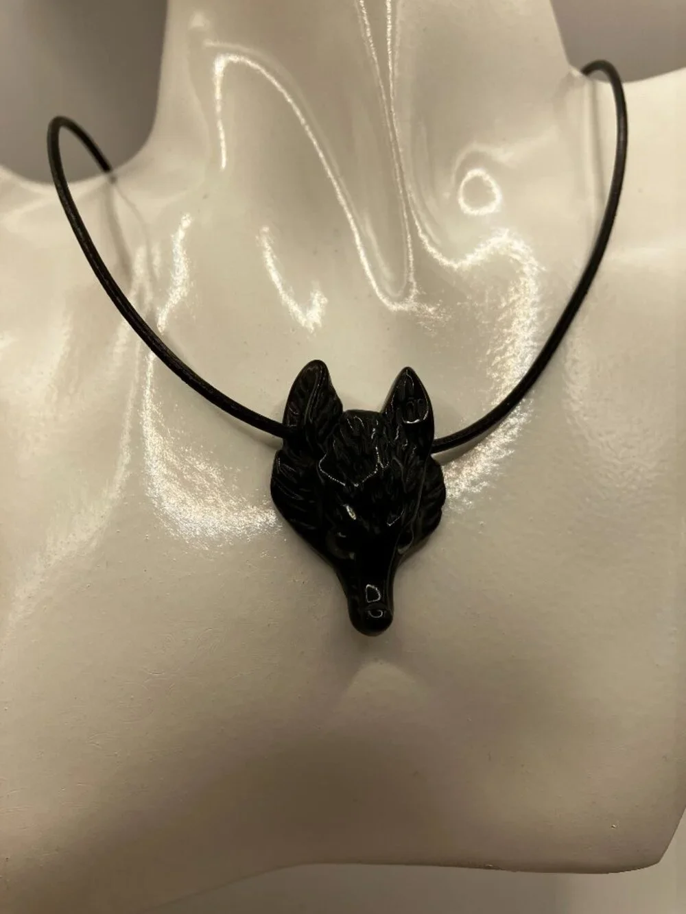 Wolf Black Obsidian Gemstone hand carved Wolf Head Choker Genuine Leather NEW